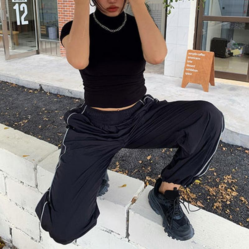 Женские прямые брюки с полосками по бокам, спортивные штаны с низкой посадкой, мешковатые широкие брюки в стиле Харадзюку, повседневные универсальные брюки-парашюты