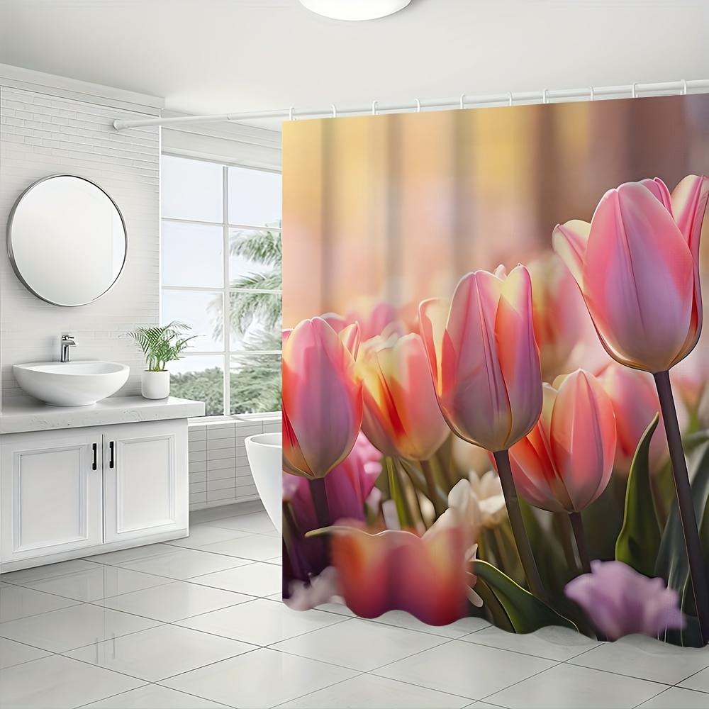 4Pcs Bathroom Shower Curtain Set Pink Tulip Pattern Bathroom Curtain With 12 Hooks Non Slip Rugs Toilet Cover Mat Bathroom Partition