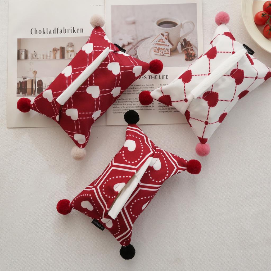 New Year's Festive Tissue Box, Creative Pom-pom Tissue Pack, Christmas-themed Heart-shaped Red Series