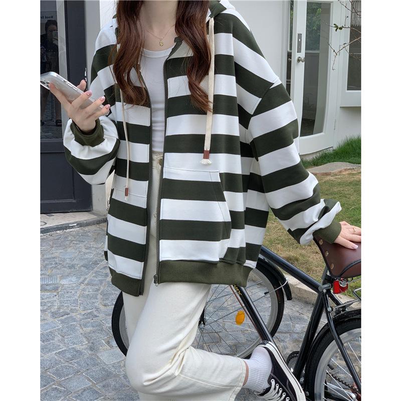 Women's Striped Cardigan Hoodie - 2023 Autumn/Winter Korean Trend, Loose Fit, Slimming Style