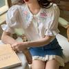 Women Shirt Summer Vintage Embroidery Stylish Simple Solid Peter Pan Collar Top Puff Sleeve Sweet Elegant Blouse