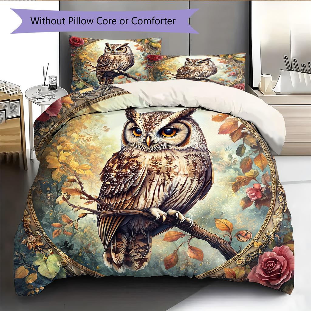 Сова на ветке  Узор  Комплект постельного белья  Одеяло  Домашний декор  Подарок (1 пододеяльник + 2 наволочки, без наполнителя)