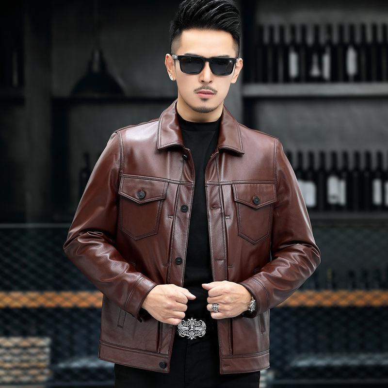 Куртка из натуральной кожи, мужская мотоциклетная кожаная куртка с верхним слоем из воловьей кожи с лацканами, трендовая красивая мужская кожаная куртка