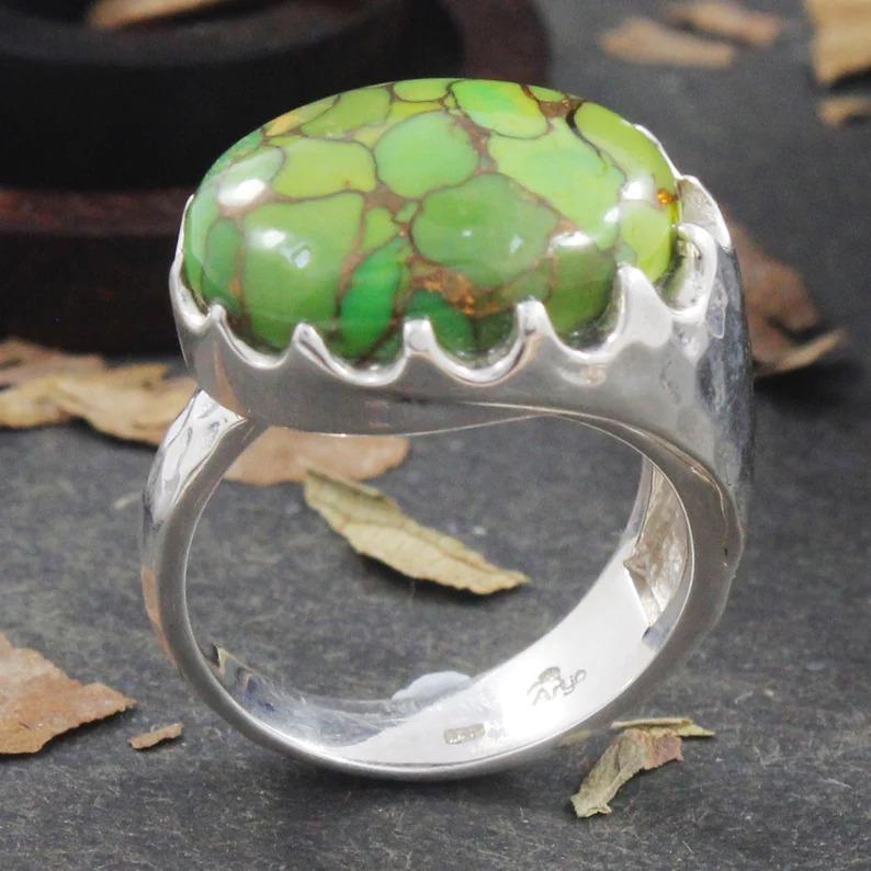 Серебро 925 пробы, кольцо с зеленым медным бирюзовым камнем, овальное кольцо, дизайнерское кольцо ручной работы, эффектное кольцо, кольцо на продажу, подарки ко Дню святого Валентина
