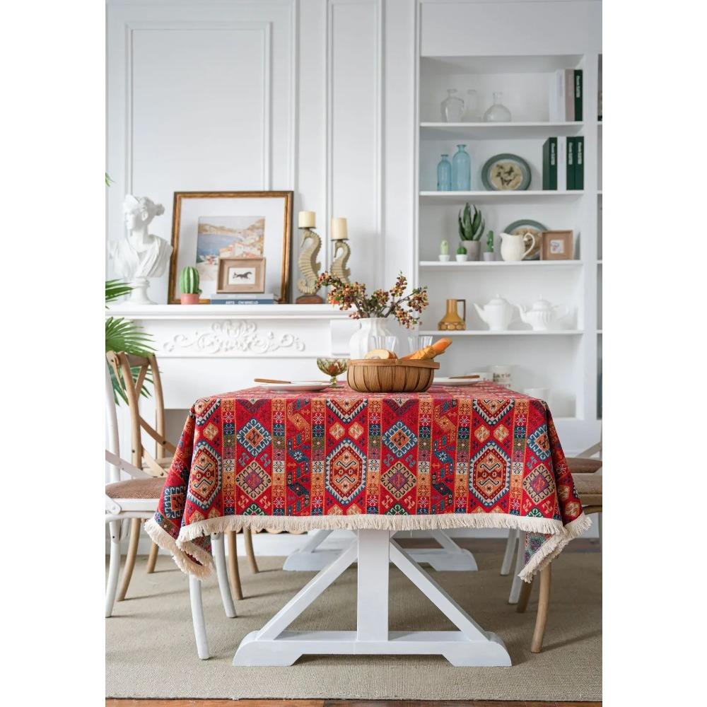Скатерть из хлопка и льна с бахромой, красная праздничная жаккардовая скатерть для обеденного стола, с цветочным узором, пылезащитная скатерть, фоновая ткань