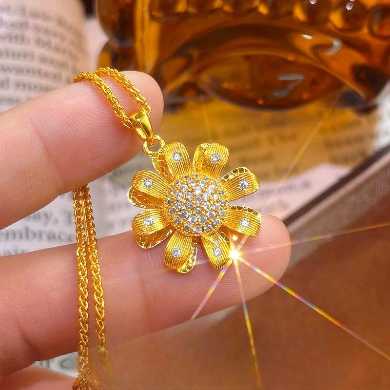Luxury Pure Gold Real Gold Women's Ice Crushed Double Layer Sunflower Daisy Salkin Pendant Clavicle Chain