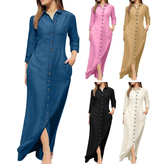 Spring Summer Women Dress Loose Pure Color Single-breasted Side Pockets Lapel V Neck Long Sleeves Split Hem Soft Breathable Casual Ankle Length