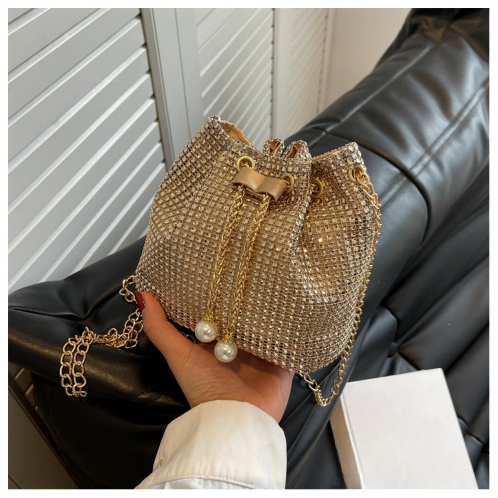 Bucket Bag Korean Version Western Style Chain Shoulder Crossbody, Armpit Water Drill Drawstring Bag
