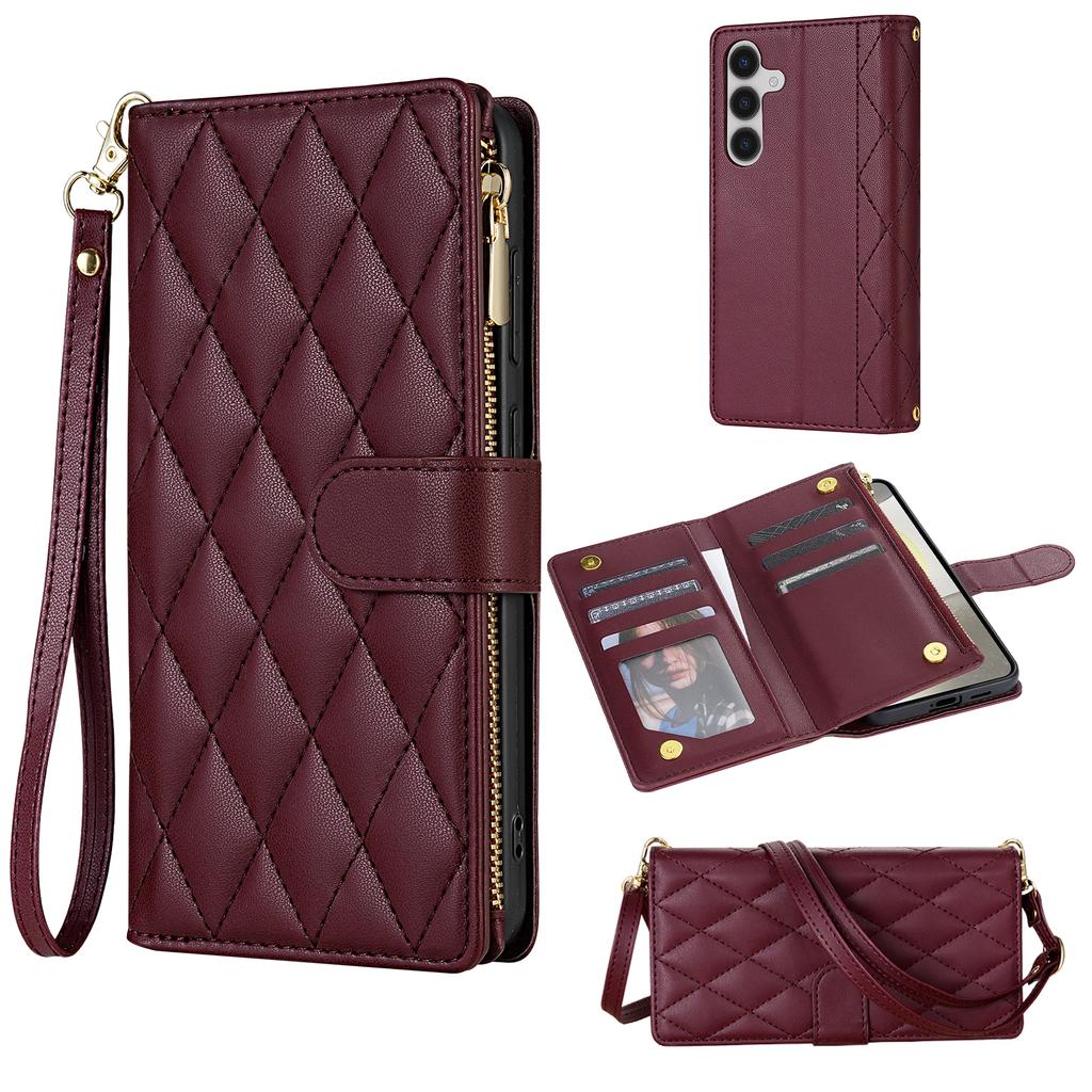 For Samsung Galaxy S26+ Case Rhombus Stitching Leather Wallet Phone Cover with Long  /  Short Strap