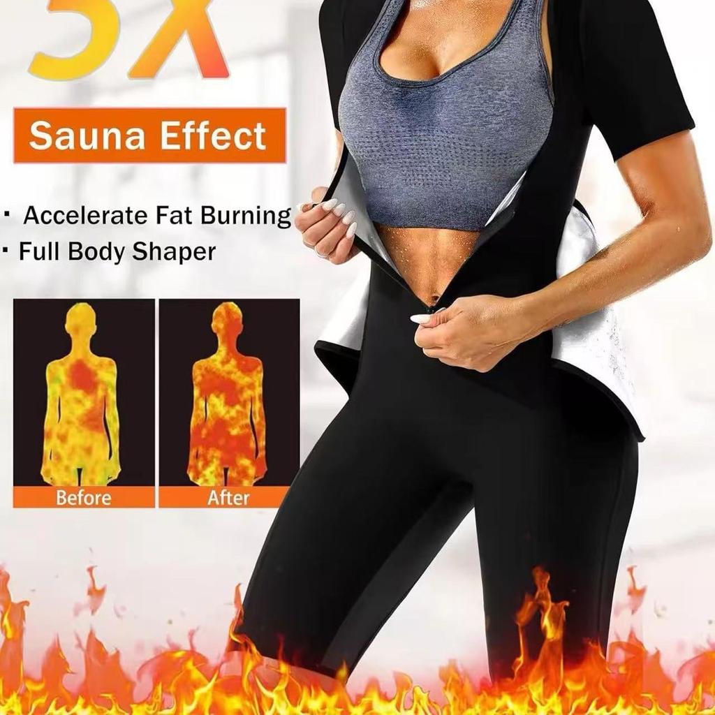 Women's Short Sleeve Sauna Sweat Suit with Tummy Control Waist Belt