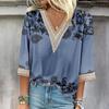 Женская рубашка, блузка, повседневные свободные рубашки, рукава 3/4, кружевные топы с v-образным вырезом и принтом, топы с принтом, футболки, футболки