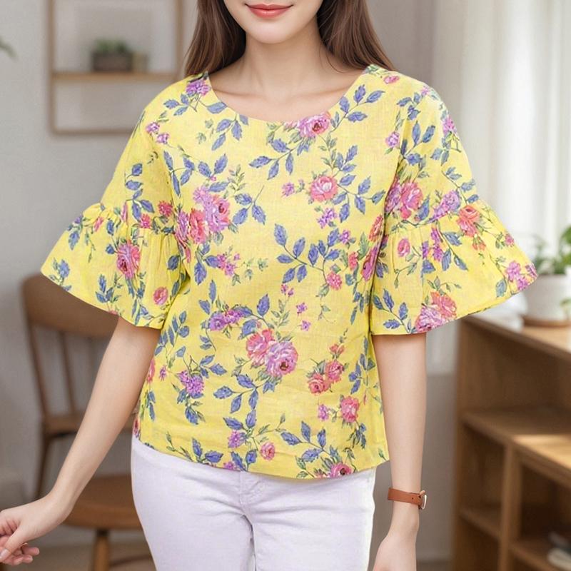 ZANZEA Женская повседневная блузка с круглым вырезом и рукавом 3/4 с цветочным принтом