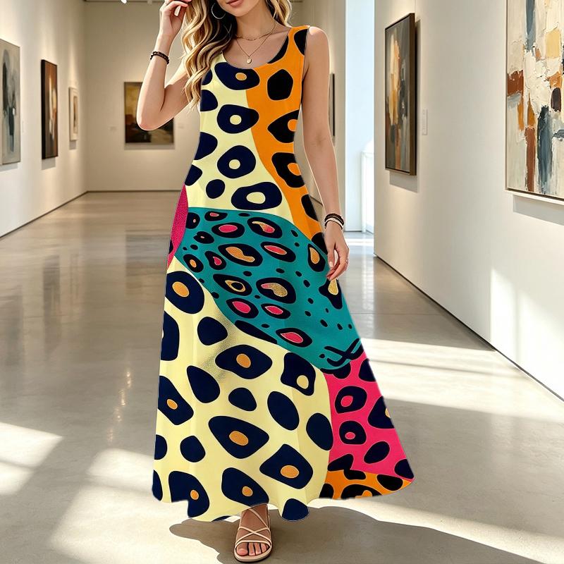 Women's Bohemian Leopard Print Colorful Patchwork Maxi Dress Sleeveless Flowy Comfortable Dress for Daily,Party,Vacation,Versatile & Eye-Catching