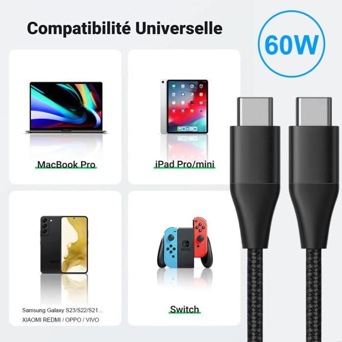 Lot de 2 Câble USB-C vers USB-C Rapide 3A pour Xiaomi 15 14 12-12T Pro 13 Ultra 11i 11T Lite Mi 11 Pro -Nylon Renforcé 1M Noir