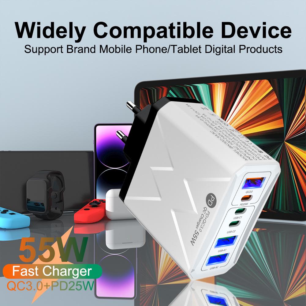 PD25W Fast Charger, 6-Port, 3 USB, 3 PD55W, QC3.0, Compatible with EU/US/UK/AU Standards