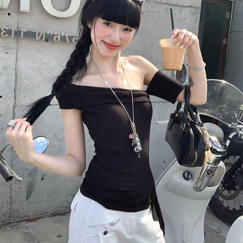 Летняя футболка с открытыми плечами и косым воротником Женская мода Футболки с коротким рукавом повседневные Тонкие эластичные обтягивающие топы y2k женская одежда