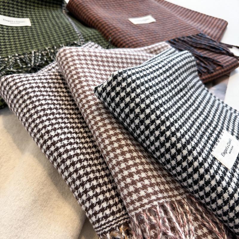 Women's Nordic Simple Houndstooth Plaid Scarf, English Shawl, Reversible Tassel Check Scarf