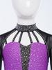 Girls Rhinestone Color Block Crop Top Mock Neck Sheer Mesh Long Sleeves Strappy Cutout Back for Figure Skating Performance Wear
