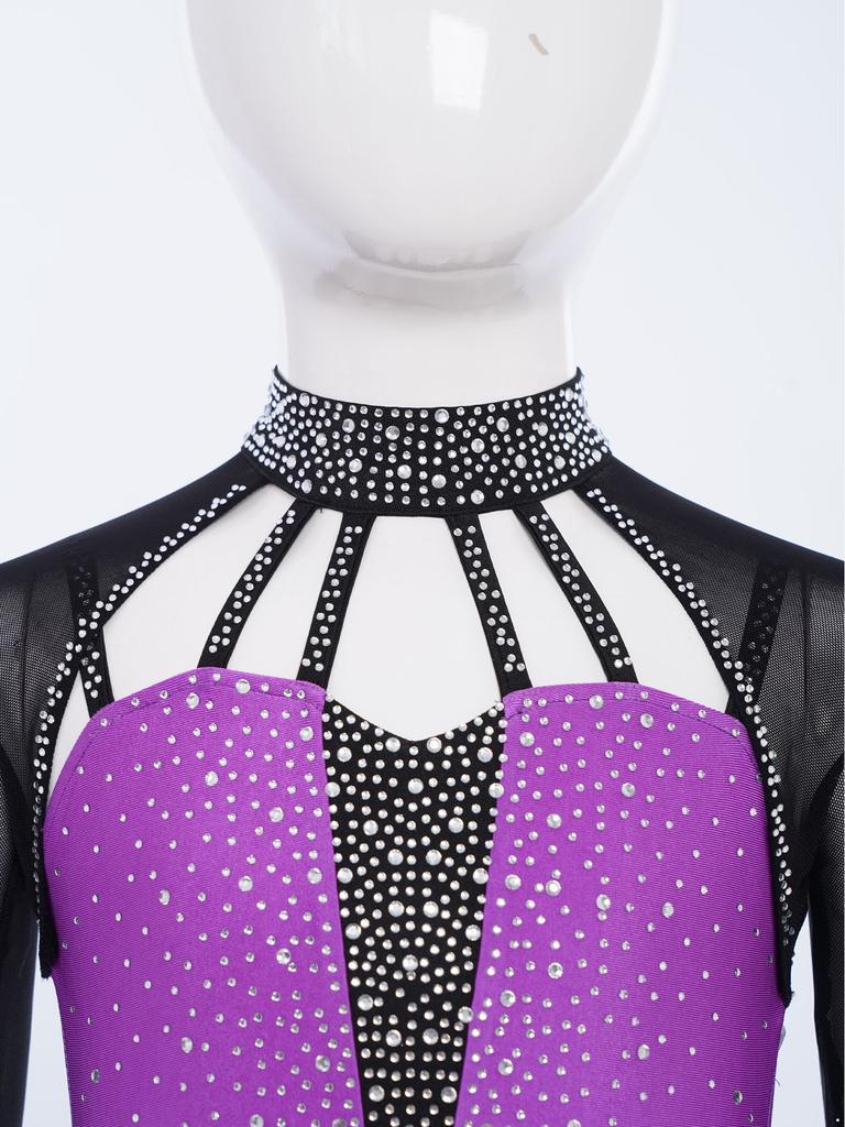 Girls Rhinestone Color Block Crop Top Mock Neck Sheer Mesh Long Sleeves Strappy Cutout Back for Figure Skating Performance Wear