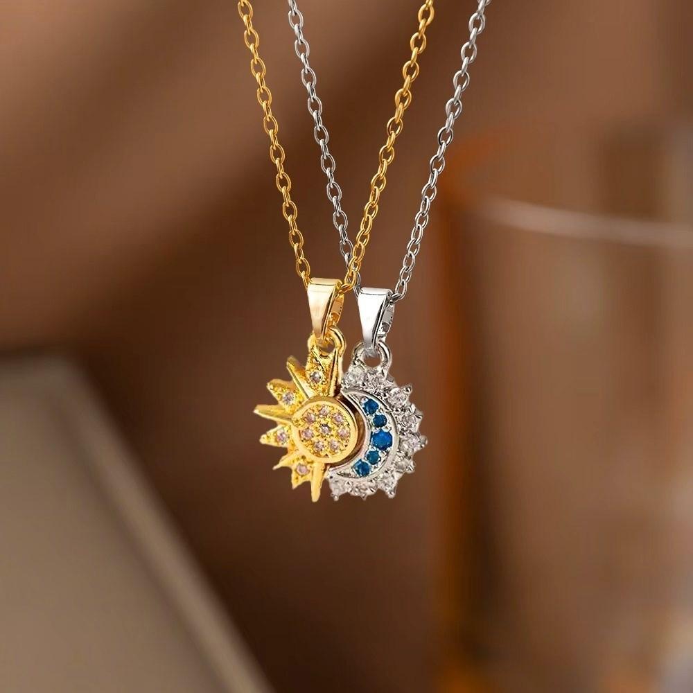 Zircon Rhinestone Sun Moon Necklace 2Pcs Set Couple Necklace Set for Gift Giving