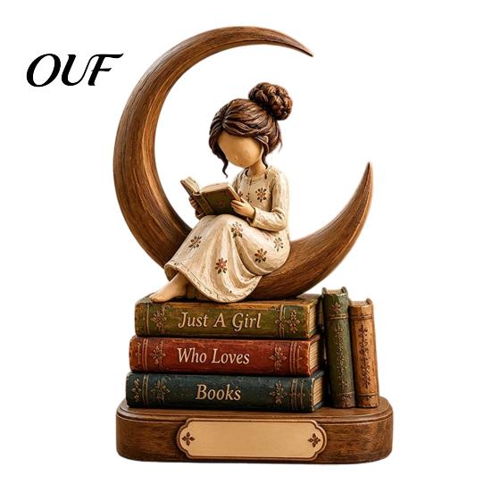 Unique Presents for Book Lovers Wooden Reading Girl Figurine Lovers, Personalized Desktop Bookshelf Decor with Bookworm Accessories Desk Stacked