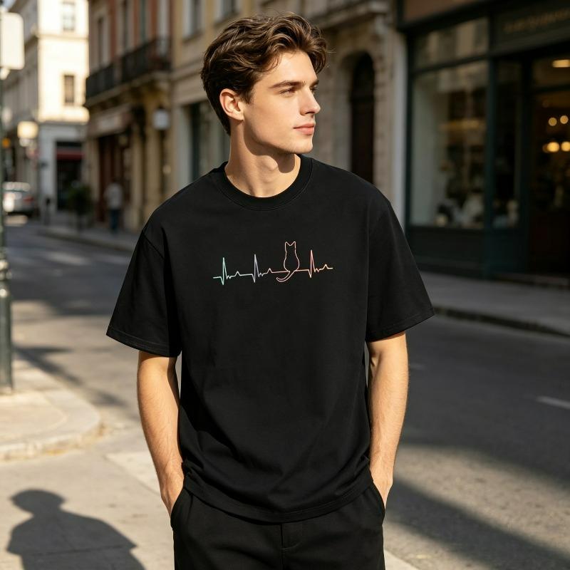 Cat Heartbeat Line Tshirt For Unisex Minimal Cat Silhouette Print Cute Casual Streetwear Short Sleeve Tee