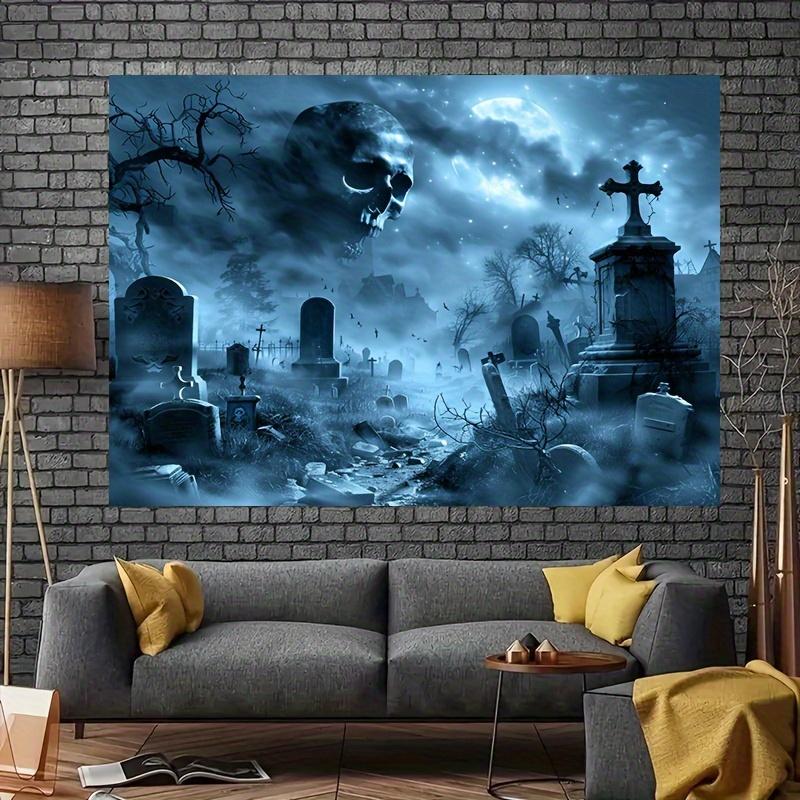 1 piece of Halloween background fabric - - - Horror cemetery scene, featuring skeletons, zombies, vampires, clowns, and ghosts