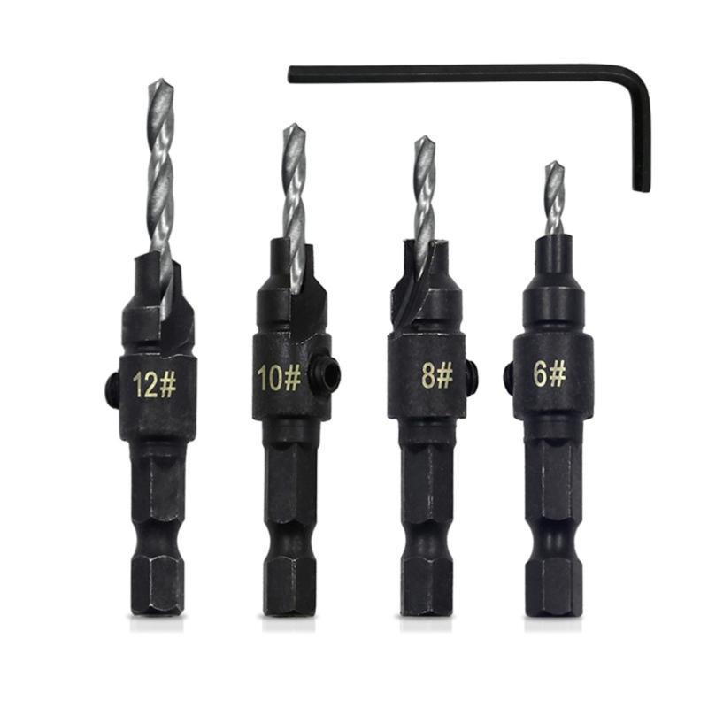 4Pcs 1/4inch Hex Shank Adjustable Countersink Drill Bit Set Replaceable Drill Bit Woodworking Countersink Drill Bit