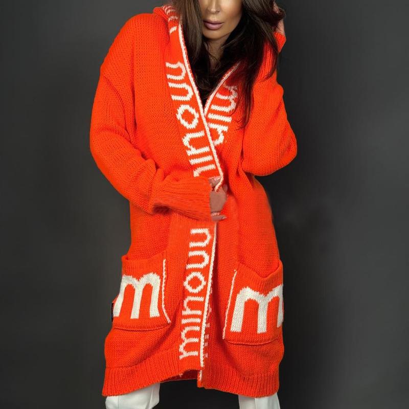 Длинный кардиган с капюшоном и монограммой, женский свитер, вязаное пальто