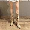 Hollow Embroidered Vintage Western Boots Women Autumn Chunky Heels Knee High Cowboy Boots Woman Pu Leather Knight Booties