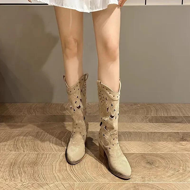 Hollow Embroidered Vintage Western Boots Women Autumn Chunky Heels Knee High Cowboy Boots Woman Pu Leather Knight Booties