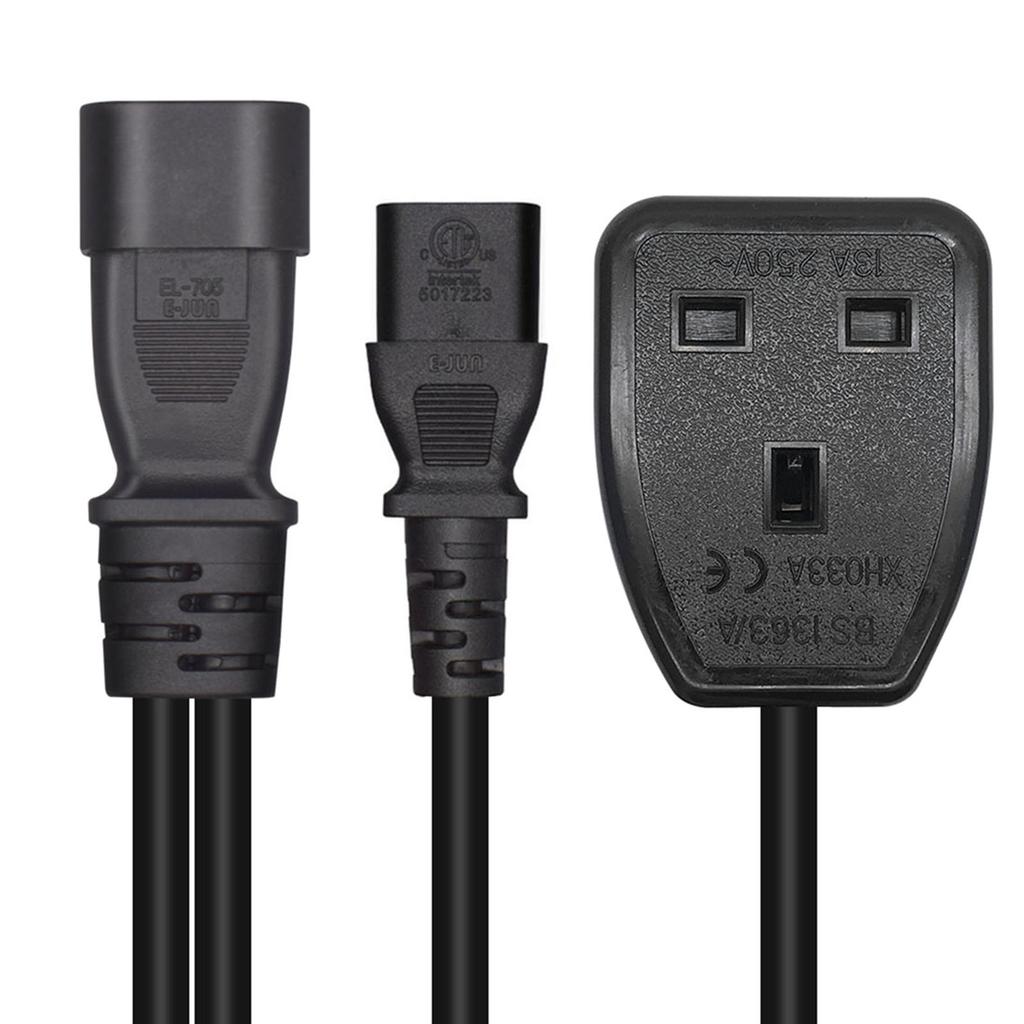 IEC320 C14 To IEC320 C13+UK13A AC-Power Adapter Cable, 3 Terminals Male To Female Power Connector Cord Wire