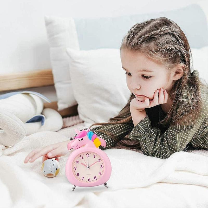 Kids Alarm Clock, Silent Clock With Night Light And Loud Alarm, Easy To Set, Battery Operated Cute Unicorn Double Bells Clock Decorative For Girls Stu
