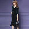 2022 Autumn/Winter Women's Gold Velvet V-Neck Slim Fishtail Dress