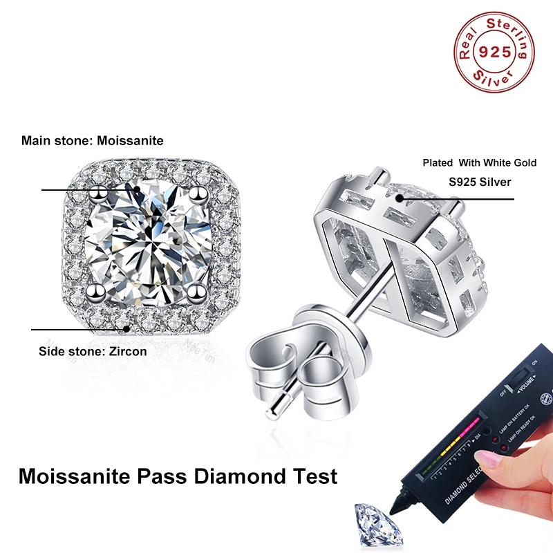 Настоящие серьги-гвоздики с муассанитом 0,5-1 карата D цвета для женщин, сверкающие серьги из 100% стерлингового серебра 925 пробы, свадебные украшения