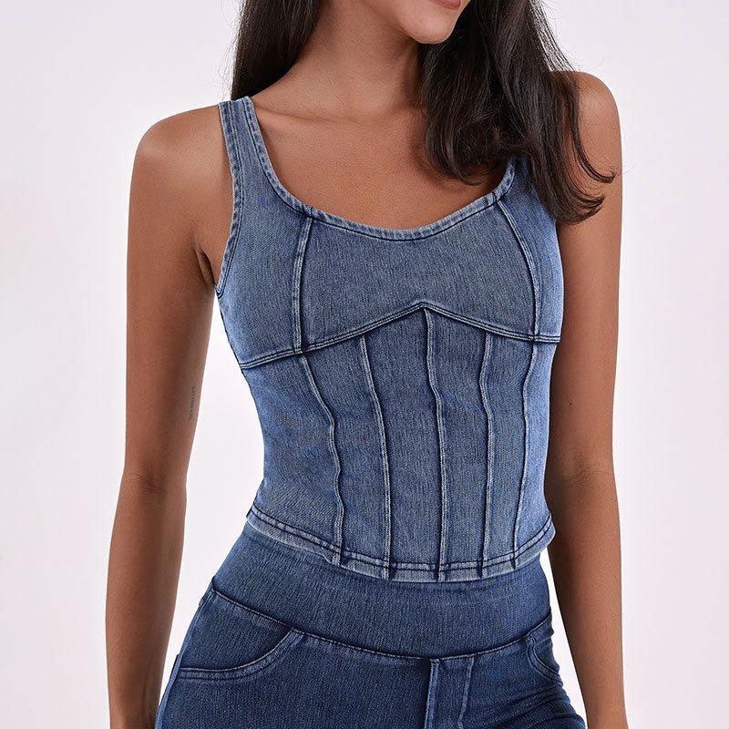 Spring and Summer Women's New Denim Stretch with Chest Pad Sports Wear Fitness Yoga Camisole