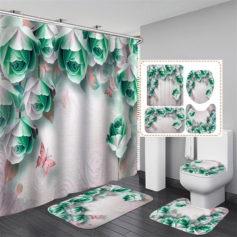 3D Beach Scenery Bathroom Bathing Waterproof Shower Curtain Home Entrance Doormat Bathtub 4Pcs Set Toilet Seat Cover Rugs Bath Non-Slip Floor Mat
