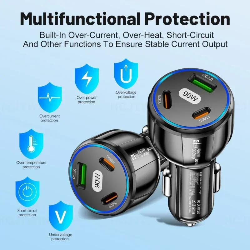 Автомобильное зарядное устройство 90 Вт 3-в-1 QC3.0 PD Type C USB Moblie Phone Быстрая зарядка для iPhone Xiaomi Samsung Автомобильное зарядное устройство Адаптер Инструменты