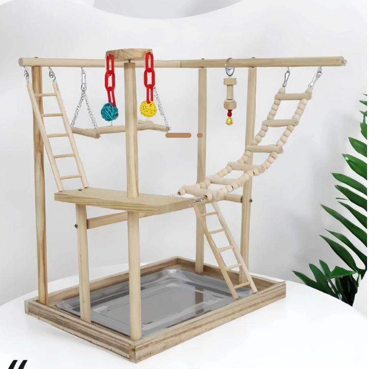 New Bird Training Stand with Toys - Solid Wood Interactive Parrot Playground