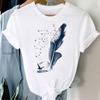 (Asian Size) Watercolor Feather Vintage Bird Women Print Short Sleeve Tee Top Fashion Tshirt Clothing Casual Summer Lady Female Graphic T-shirt