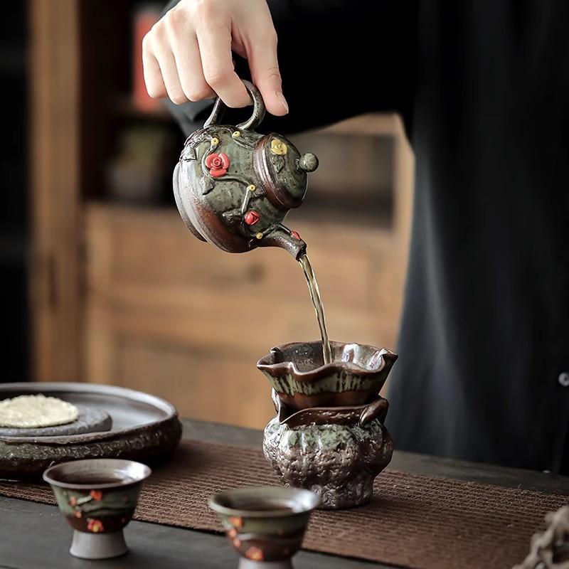 Wood-fired Hand-made Teapot Japanese Retro Coarse Clay Tea Infuser Kung Fu Tea Accessories Teapot Hand-hammered Beam Pot