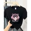 Women's Black Short-Sleeve Cartoon Print T-Shirt - Korean Style Slimming Petite Top