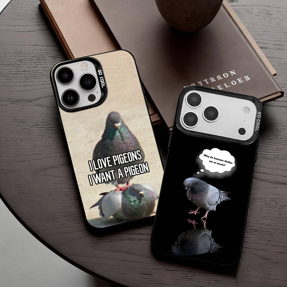 Funny P-Pigeon Mischief Phone Case For iPhone17,16,15,14,13,12,11 Plus,Pro Max Black Candy Silver Plated Cover
