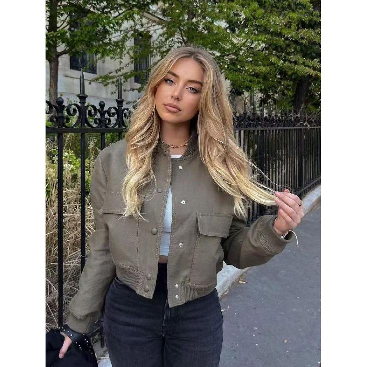 2025 Spring and Autumn New European and American Stand Collar Large Pocket Women's Jacket