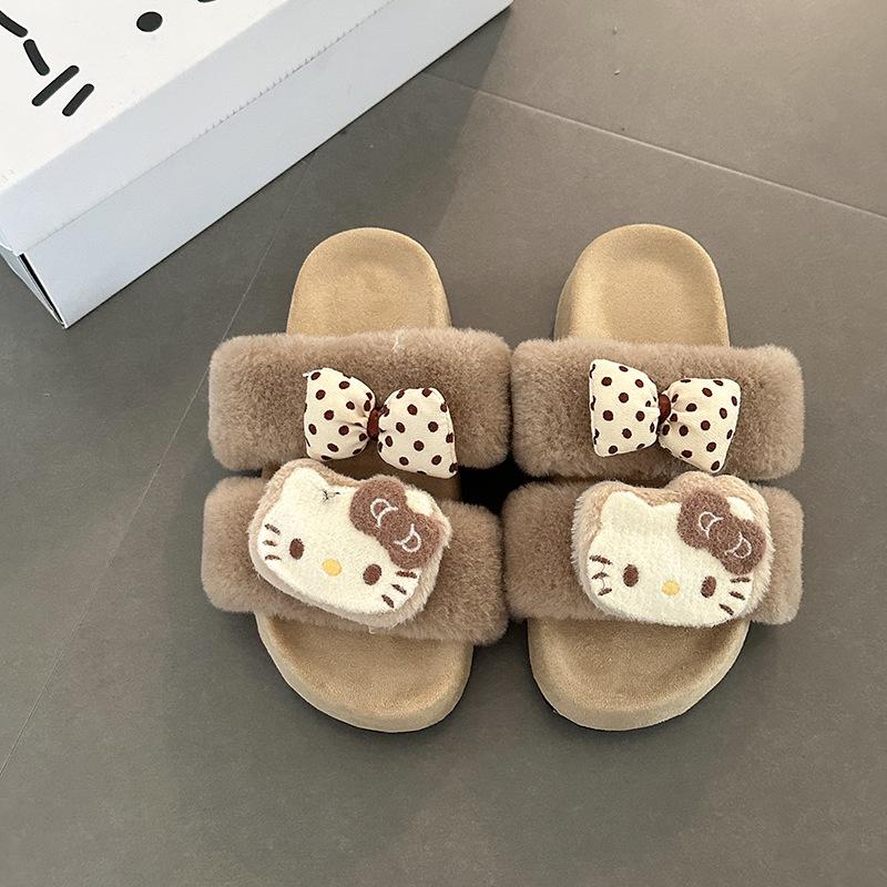 Милые мультяшные тапочки-бантики Hello Kitty, женские, новая коллекция осень-зима 2025, на толстой подошве, домашние, плюшевые, хлопковые, модные
