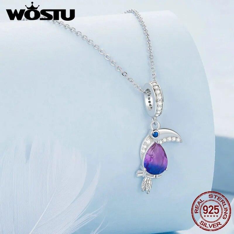 WOSTU 925 Sterling Silver Pink Heart Faith Pendant Pavé Setting CZ Crown Gradient Glass Toucan Fit Original Bracelet Guard Gifts