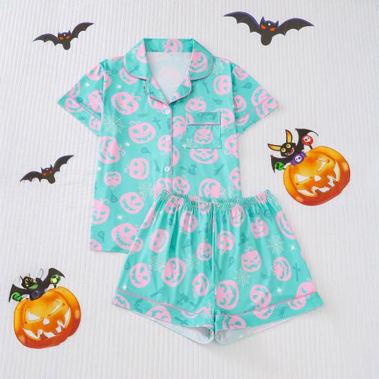Комплект женской пижамы на Хэллоуин с принтом призрака и тыквы, рубашки с коротким рукавом на пуговицах и шорты, комплект одежды для сна из 2 предметов, домашняя одежда, короткий комплект пижамы