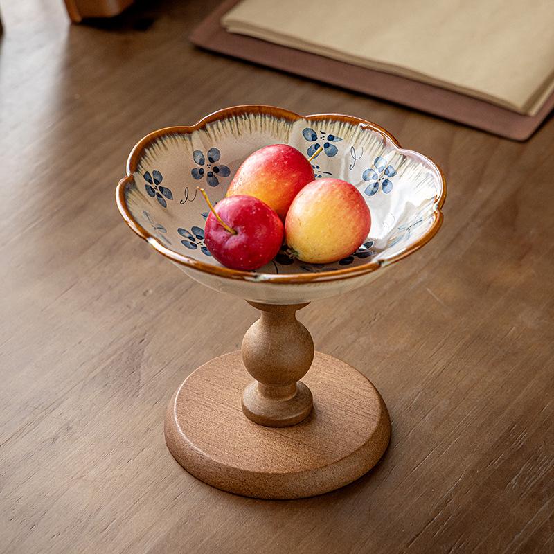 High-Value Fruit Plate Wooden High-Footed Fruit Plate Ceramic Pastry Plate Snack Tray Entrance Ornament Export