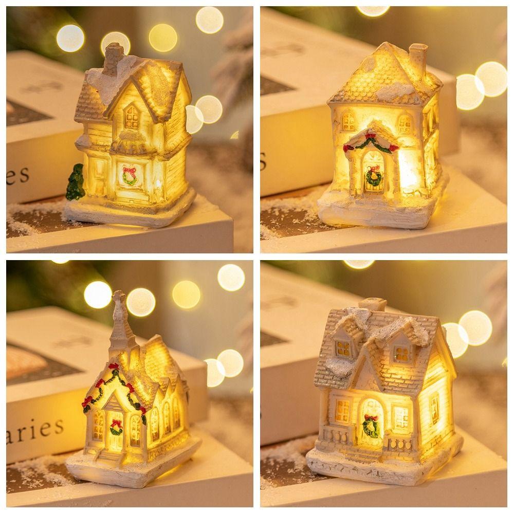 White LED Light Snow House Resin Xmas House Ornament  New Year Decoration