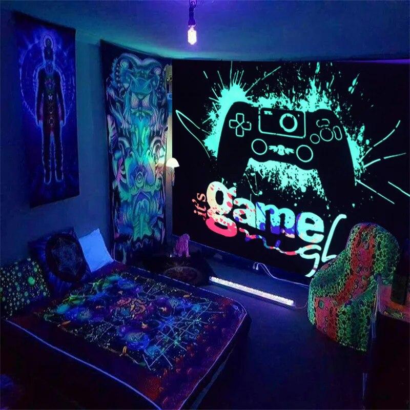 Black Light Tapestry UV Reactive Psychedelic Mysterious Mushroom Wall Hanging Bedroom Dorm Separate Room Decoration